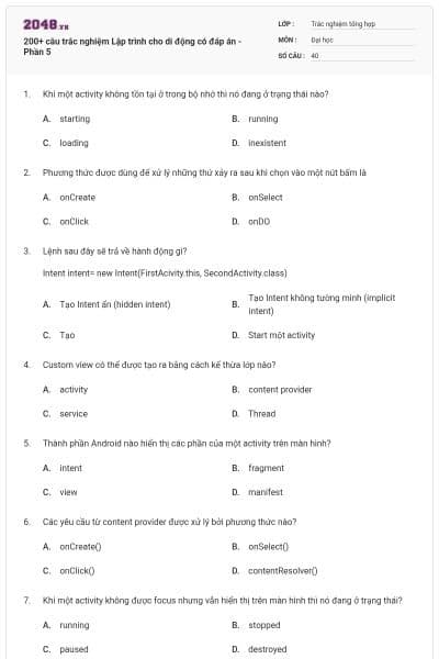 200+ câu trắc nghiệm Lập trình cho di động có đáp án - Phần 5