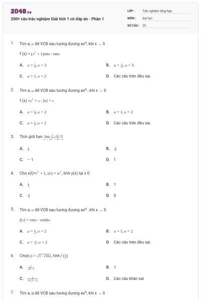 200+ câu trắc nghiệm Giải tích 1 có đáp án - Phần 1