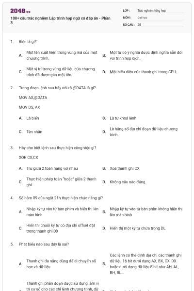 100+ câu trắc nghiệm Lập trình hợp ngữ có đáp án - Phần 3