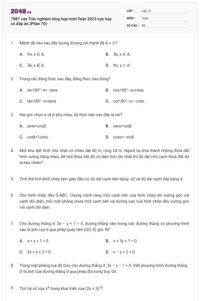 7881 câu Trắc nghiệm tổng hợp môn Toán 2023 cực hay có đáp án (Phần 70)