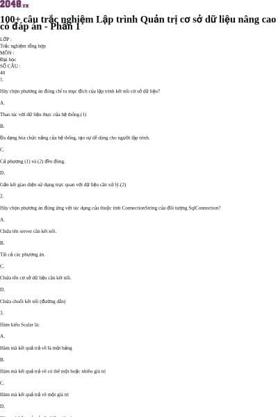 100+ câu trắc nghiệm Lập trình Quản trị cơ sở dữ liệu nâng cao có đáp án - Phần 1