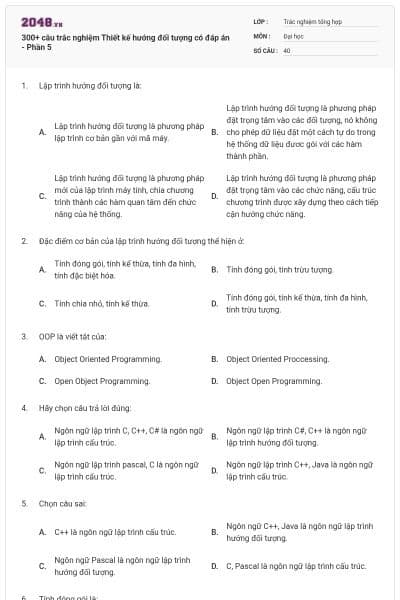 300+ câu trắc nghiệm Thiết kế hướng đối tượng có đáp án - Phần 5