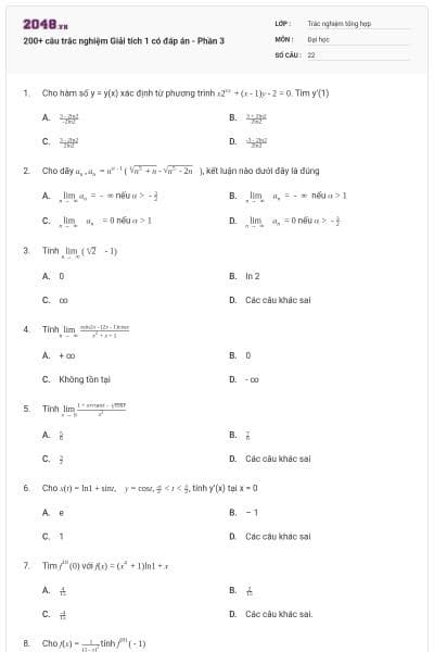 200+ câu trắc nghiệm Giải tích 1 có đáp án - Phần 3