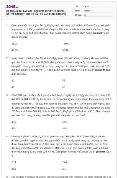 HỆ THỐNG BÀI TẬP KIM LOẠI KIỀM, KIỀM THỔ, NHÔM, SẮT VÀ CÁC HỢP CHẤT Ở CẤP ĐỘ VẬN DỤNG CAO (P3)