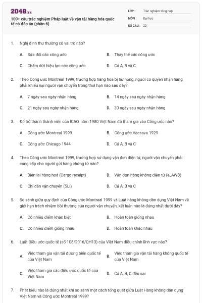 100+ câu trắc nghiệm Pháp luật về vận tải hàng hóa quốc tế có đáp án (phần 6)