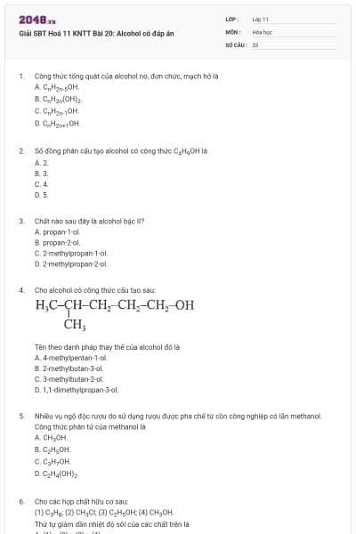 Giải SBT Hoá 11 KNTT Bài 20: Alcohol có đáp án