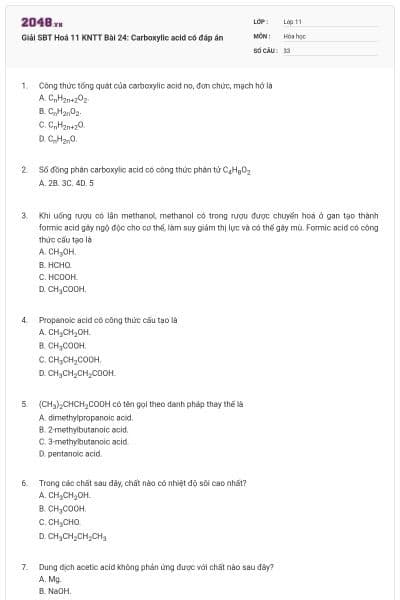 Giải SBT Hoá 11 KNTT Bài 24: Carboxylic acid có đáp án