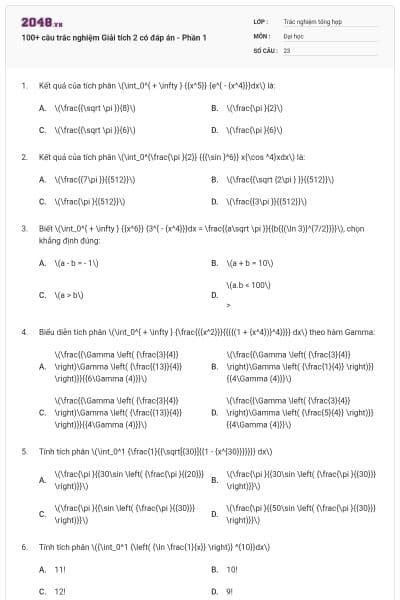 100+ câu trắc nghiệm Giải tích 2 có đáp án - Phần 1