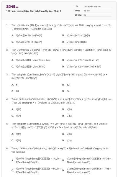 100+ câu trắc nghiệm Giải tích 2 có đáp án - Phần 2