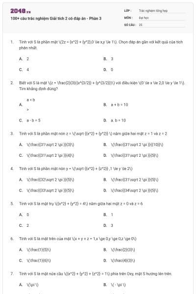 100+ câu trắc nghiệm Giải tích 2 có đáp án - Phần 3