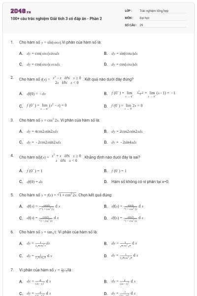 100+ câu trắc nghiệm Giải tích 3 có đáp án - Phần 2