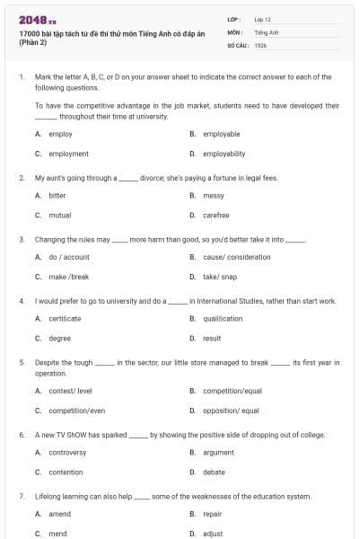 17000 bài tập tách từ đề thi thử môn Tiếng Anh có đáp án (Phần 2)