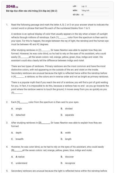 Bài tập đọc điền vào chỗ trống (Có đáp án) (Đề 2)