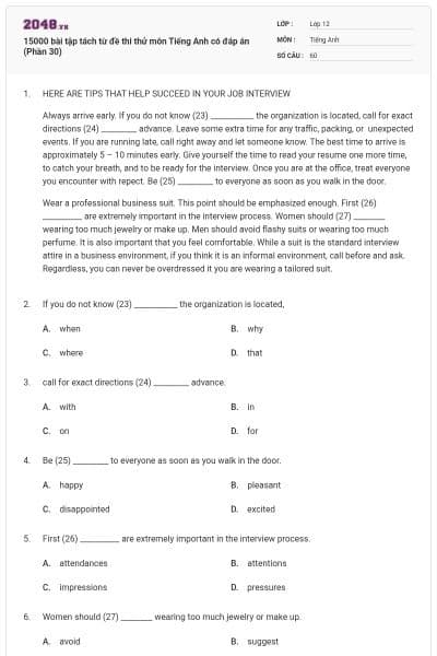 15000 bài tập tách từ đề thi thử môn Tiếng Anh có đáp án (Phần 30)