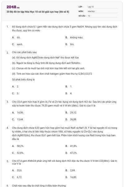 20 Bộ đề ôn tập Hóa Học 10 có lời giải cực hay (Đề số 8)