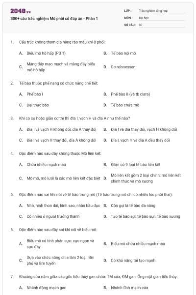 300+ câu trắc nghiệm Mô phôi có đáp án - Phần 1