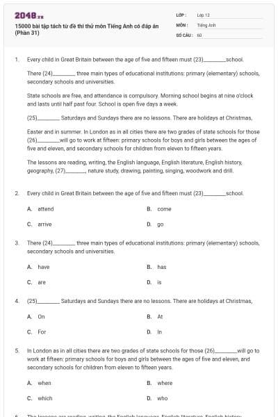 15000 bài tập tách từ đề thi thử môn Tiếng Anh có đáp án (Phần 31)
