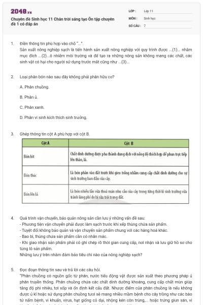 Chuyên đề Sinh học 11 Chân trời sáng tạo Ôn tập chuyên đề 1 có đáp án