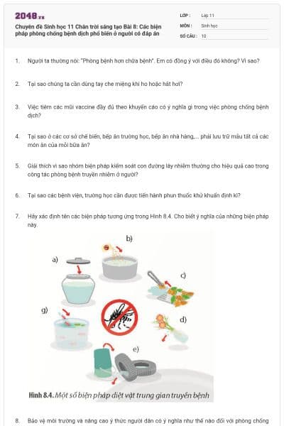 Chuyên đề Sinh học 11 Chân trời sáng tạo Bài 8: Các biện pháp phòng chống bệnh dịch phổ biến ở người có đáp án
