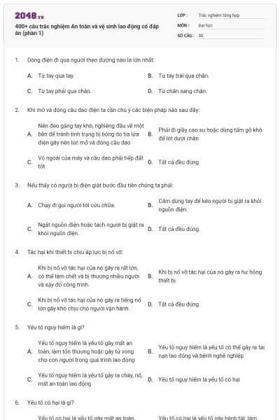 400+ câu trắc nghiệm An toàn và vệ sinh lao động có đáp án (phần 1)