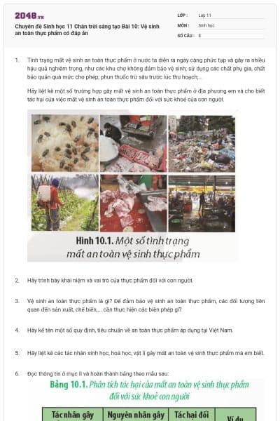 Chuyên đề Sinh học 11 Chân trời sáng tạo Bài 10: Vệ sinh an toàn thực phẩm có đáp án