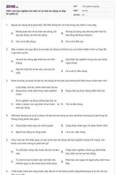 400+ câu trắc nghiệm An toàn và vệ sinh lao động có đáp án (phần 2)