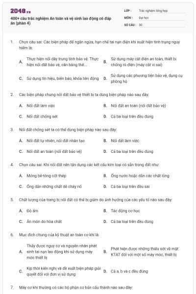400+ câu trắc nghiệm An toàn và vệ sinh lao động có đáp án (phần 4)