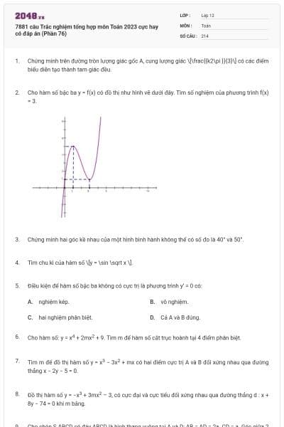 7881 câu Trắc nghiệm tổng hợp môn Toán 2023 cực hay có đáp án (Phần 76)