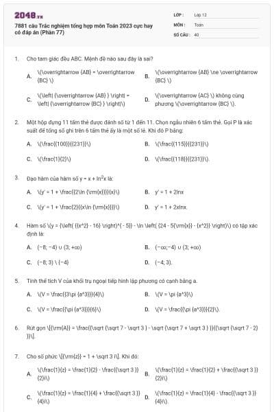 7881 câu Trắc nghiệm tổng hợp môn Toán 2023 cực hay có đáp án (Phần 77)