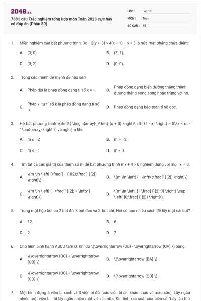 7881 câu Trắc nghiệm tổng hợp môn Toán 2023 cực hay có đáp án (Phần 80)
