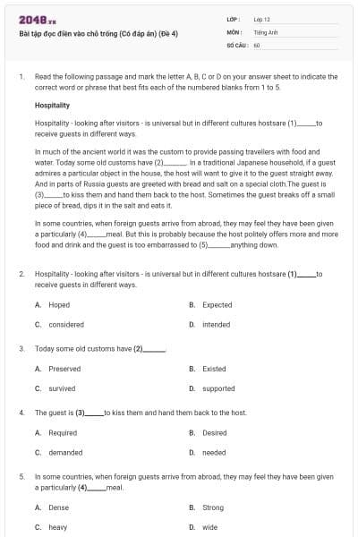 Bài tập đọc điền vào chỗ trống (Có đáp án) (Đề 4)