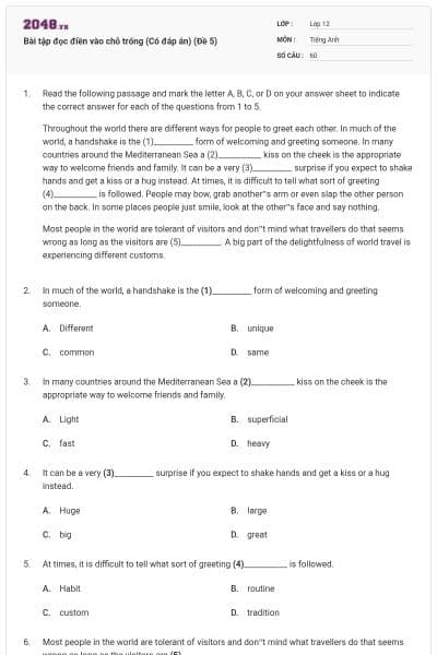 Bài tập đọc điền vào chỗ trống (Có đáp án) (Đề 5)