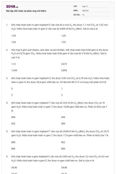 Bài tập đốt cháy và phản ứng với hiđro