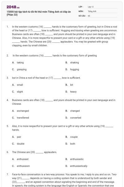 15000 bài tập tách từ đề thi thử môn Tiếng Anh có đáp án (Phần 33)