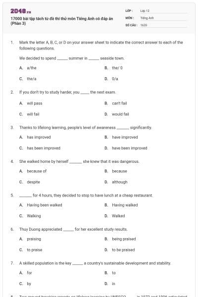 17000 bài tập tách từ đề thi thử môn Tiếng Anh có đáp án (Phần 3)