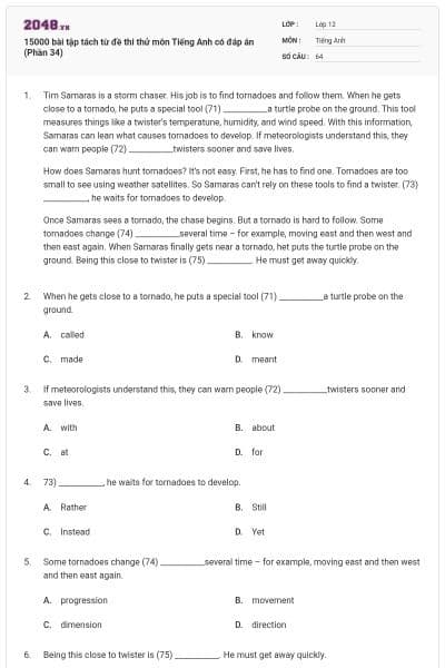 15000 bài tập tách từ đề thi thử môn Tiếng Anh có đáp án (Phần 34)