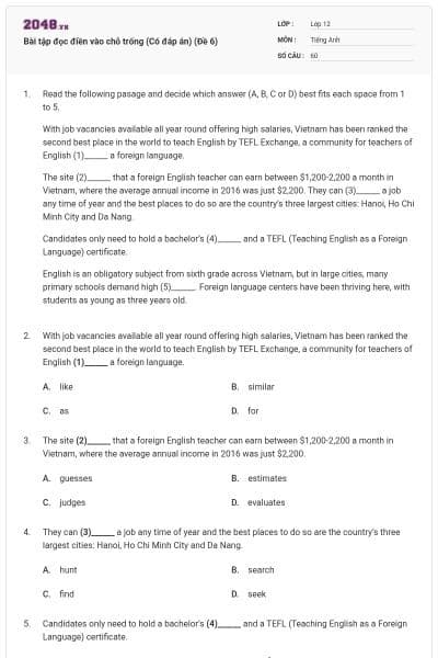 Bài tập đọc điền vào chỗ trống (Có đáp án) (Đề 6)