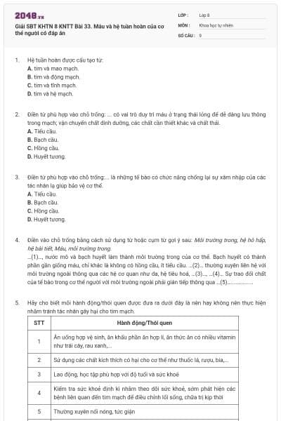 Giải SBT KHTN 8 KNTT Bài 33. Máu và hệ tuần hoàn của cơ thể người có đáp án