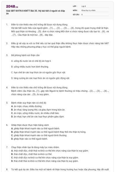 Giải SBT KHTN 8 KNTT Bài 35. Hệ bài tiết ở người có đáp án