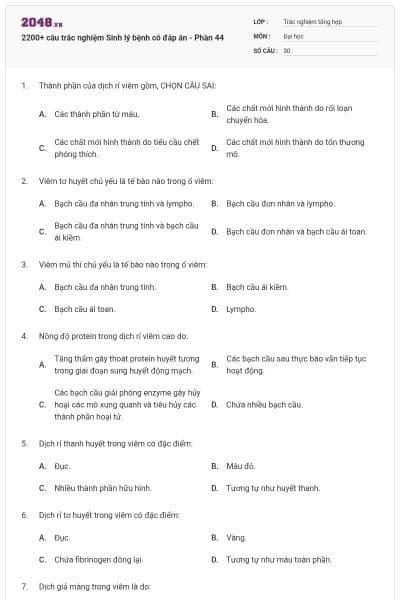2200+ câu trắc nghiệm Sinh lý bệnh có đáp án - Phần 44