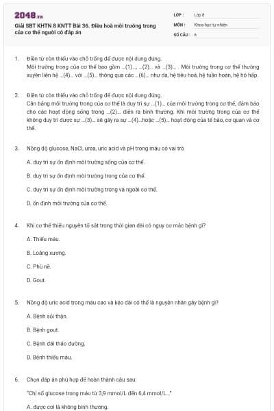 Giải SBT KHTN 8 KNTT Bài 36. Điều hoà môi trường trong của cơ thể người có đáp án