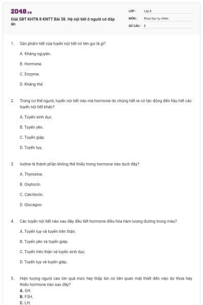 Giải SBT KHTN 8 KNTT Bài 38. Hệ nội tiết ở người có đáp án