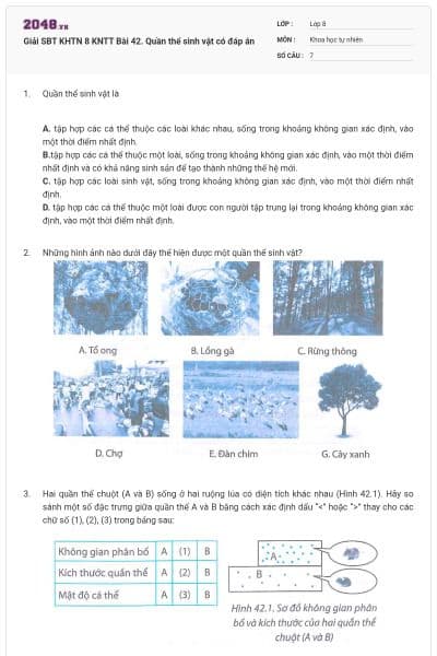 Giải SBT KHTN 8 KNTT Bài 42. Quần thể sinh vật có đáp án