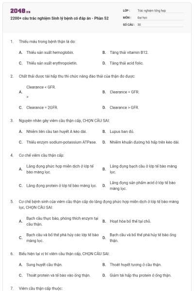 2200+ câu trắc nghiệm Sinh lý bệnh có đáp án - Phần 52