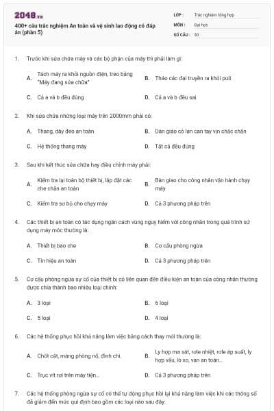 400+ câu trắc nghiệm An toàn và vệ sinh lao động có đáp án (phần 5)