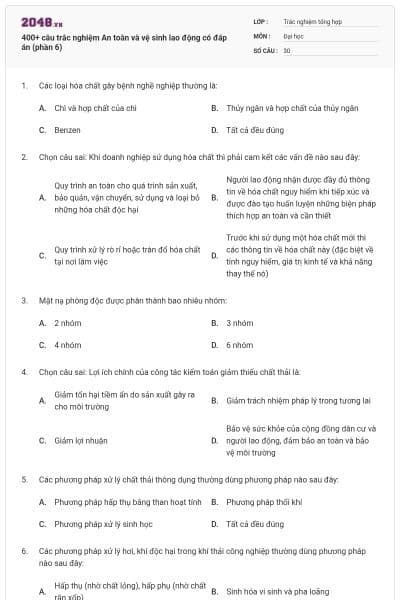 400+ câu trắc nghiệm An toàn và vệ sinh lao động có đáp án (phần 6)