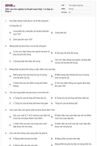 200+ câu trắc nghiệm Lý thuyết mạch điện 1 có đáp án - Phần 4