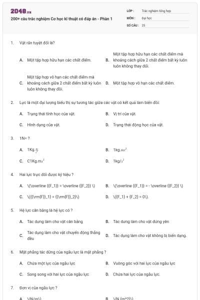 200+ câu trắc nghiệm Cơ học kĩ thuật có đáp án - Phần 1