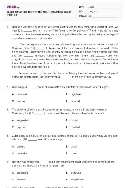 15000 bài tập tách từ đề thi thử môn Tiếng Anh có đáp án (Phần 35)