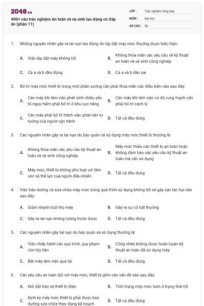 400+ câu trắc nghiệm An toàn và vệ sinh lao động có đáp án (phần 11)